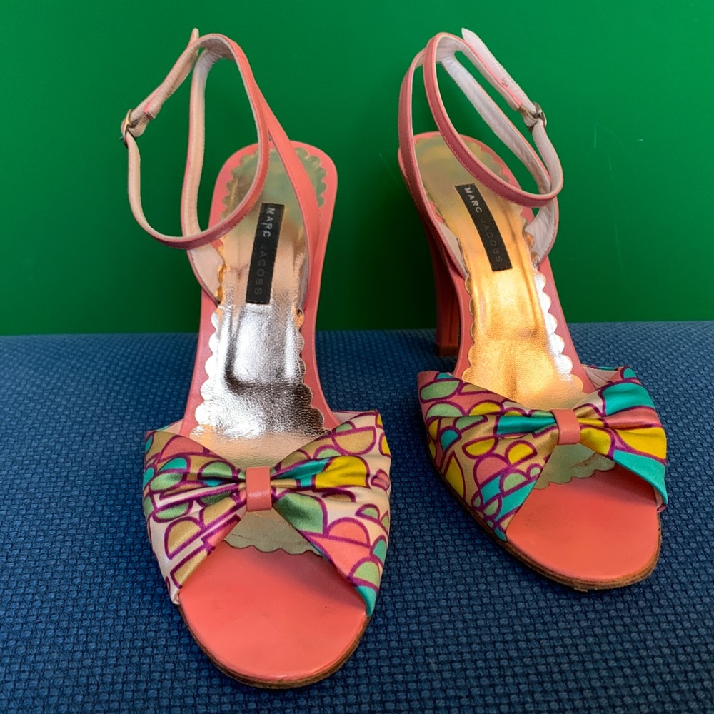 Marc Jacobs pink satin ankle strap peep toe heel